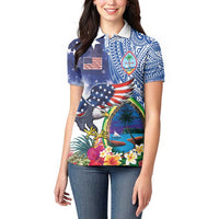 Guam and United States Together Women Polo Shirt Bald Eagle and Guam Seal with Flower and Tribal Tattoos - Polynesian Pride