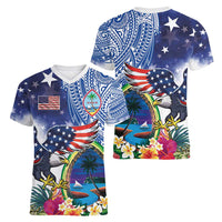 Guam and United States Together Women V-Neck T-Shirt Bald Eagle and Guam Seal with Flower and Tribal Tattoos - Polynesian Pride