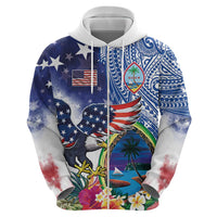 Guam and United States Together Zip Hoodie Bald Eagle and Guam Seal with Flower and Tribal Tattoos - Polynesian Pride