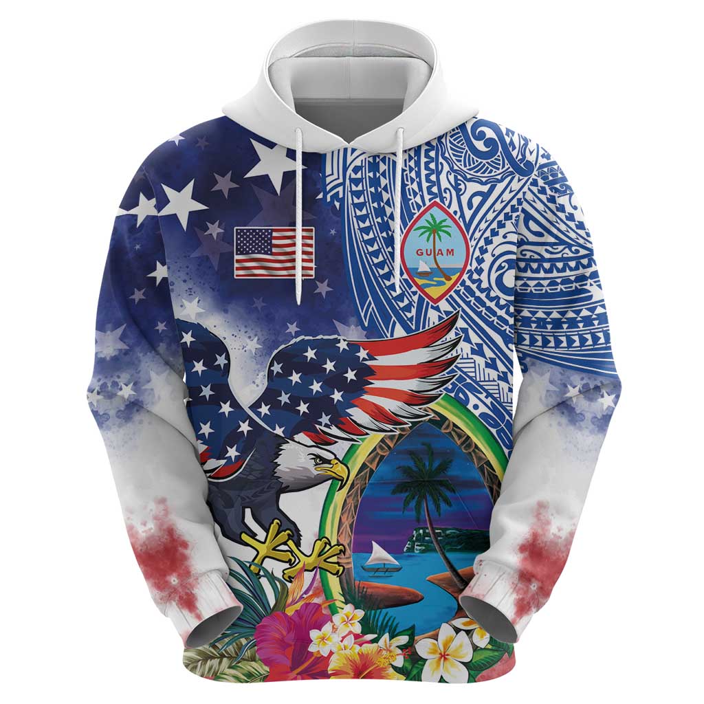 Guam and United States Together Zip Hoodie Bald Eagle and Guam Seal with Flower and Tribal Tattoos - Polynesian Pride