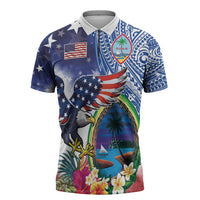 Guam and United States Together Zipper Polo Shirt Bald Eagle and Guam Seal with Flower and Tribal Tattoos - undefined