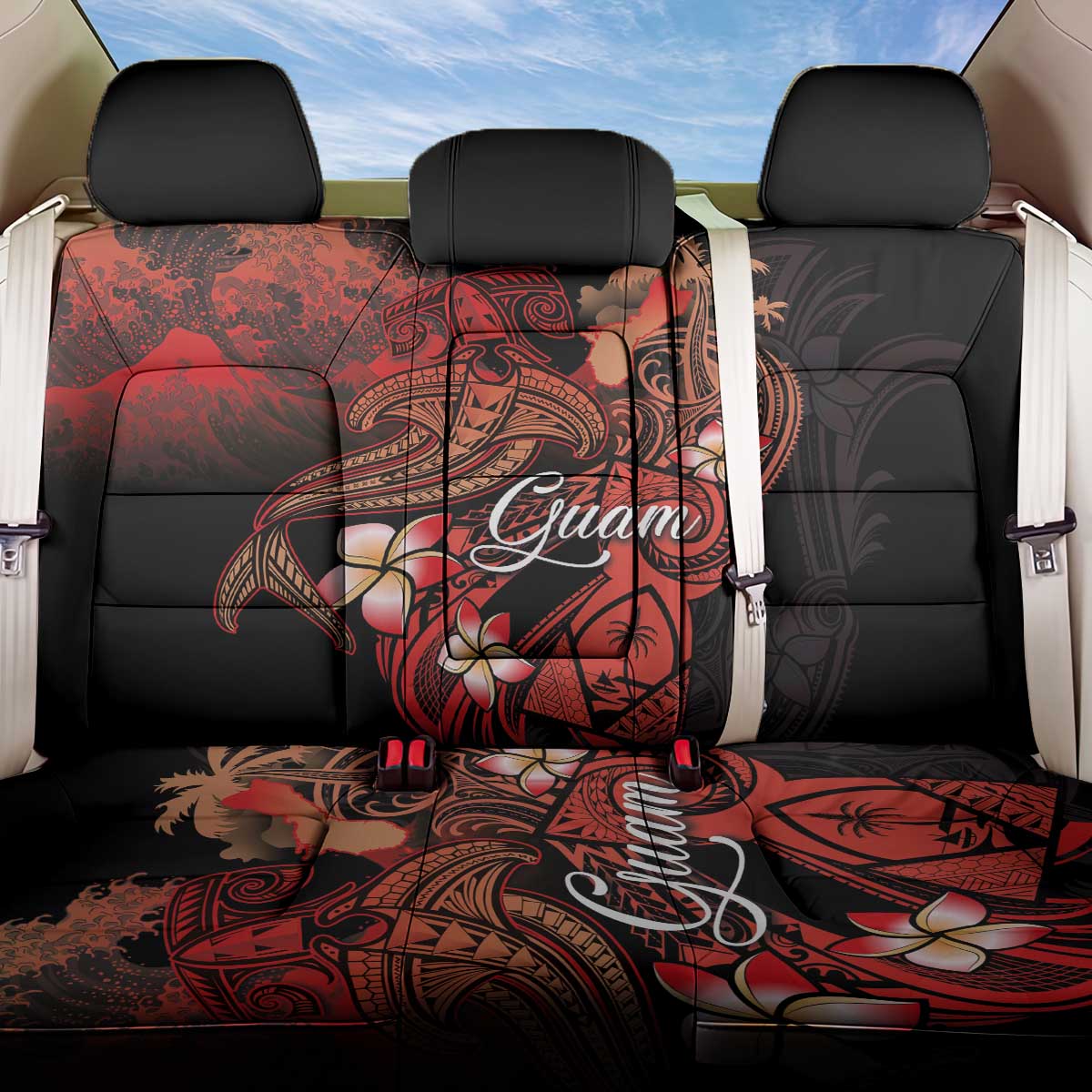 Guam Tribal Chamorro Back Car Seat Cover Polynesian Shark with Plumeria and Sea Vibe - Polynesian Pride