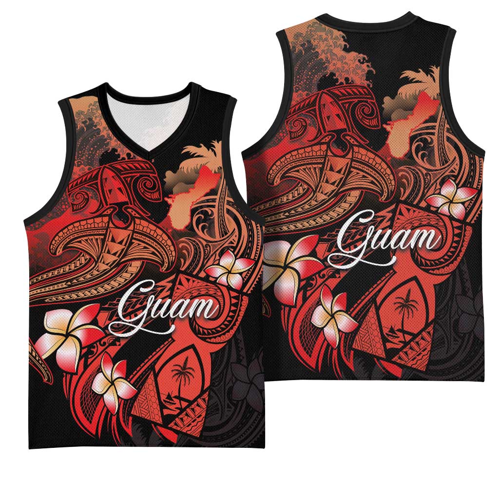 Guam Tribal Chamorro Basketball Jersey Polynesian Shark with Plumeria and Sea Vibe - Polynesian Pride
