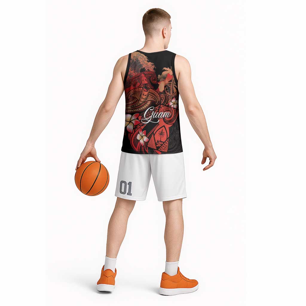 Guam Tribal Chamorro Basketball Jersey Polynesian Shark with Plumeria and Sea Vibe - Polynesian Pride