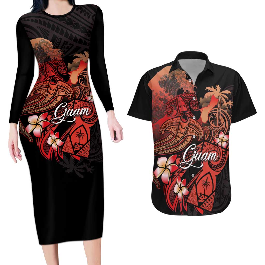 Guam Tribal Chamorro Couples Matching Long Sleeve Bodycon Dress and Hawaiian Shirt Polynesian Shark with Plumeria and Sea Vibe - Polynesian Pride
