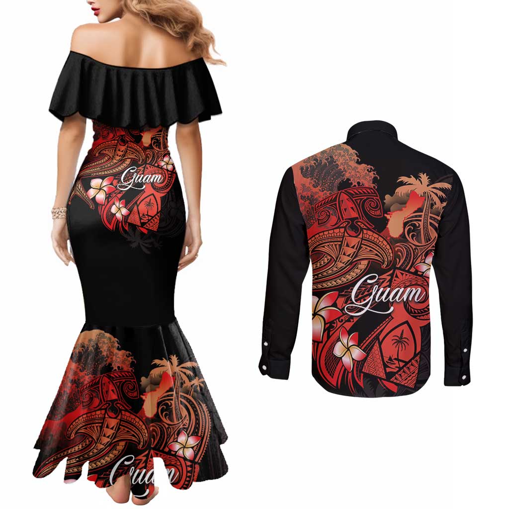Guam Tribal Chamorro Couples Matching Mermaid Dress and Long Sleeve Button Shirt Polynesian Shark with Plumeria and Sea Vibe - Polynesian Pride