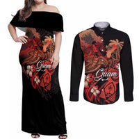 Guam Tribal Chamorro Couples Matching Off Shoulder Maxi Dress and Long Sleeve Button Shirt Polynesian Shark with Plumeria and Sea Vibe - Polynesian Pride