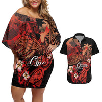 Guam Tribal Chamorro Couples Matching Off Shoulder Short Dress and Hawaiian Shirt Polynesian Shark with Plumeria and Sea Vibe - Polynesian Pride