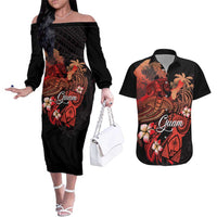 Guam Tribal Chamorro Couples Matching Off The Shoulder Long Sleeve Dress and Hawaiian Shirt Polynesian Shark with Plumeria and Sea Vibe - Polynesian Pride