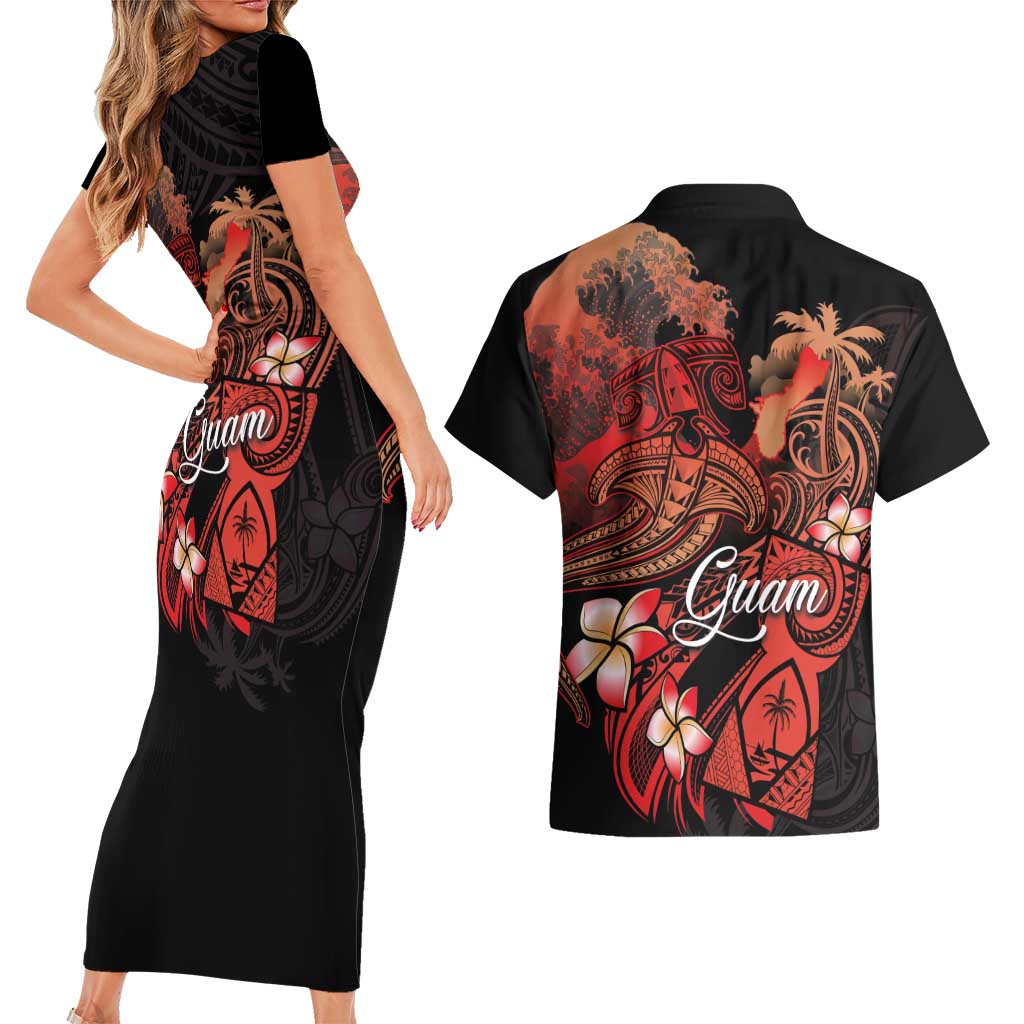 Guam Tribal Chamorro Couples Matching Short Sleeve Bodycon Dress and Hawaiian Shirt Polynesian Shark with Plumeria and Sea Vibe - Polynesian Pride
