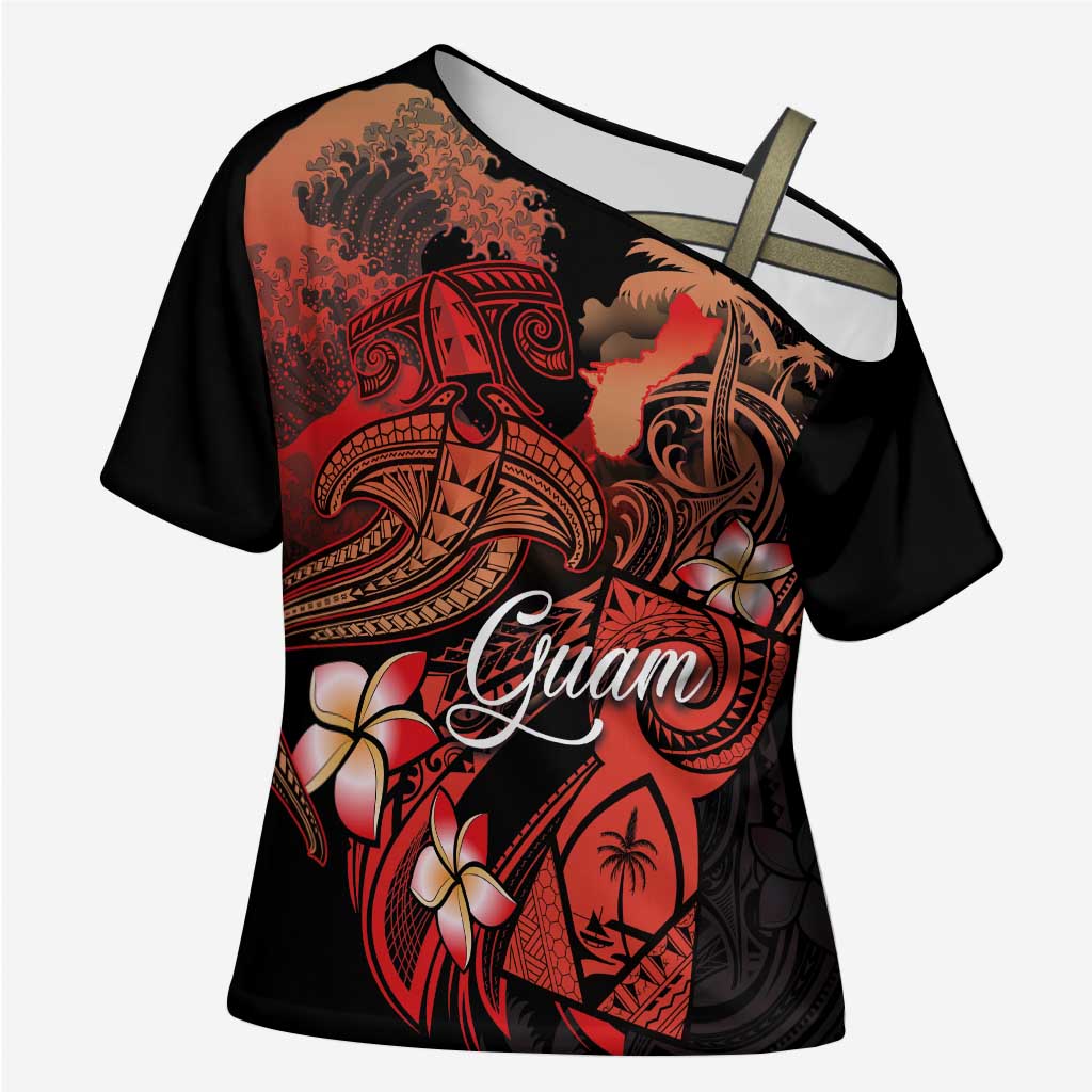 Guam Tribal Chamorro Cross Shoulder Shirt Polynesian Shark with Plumeria and Sea Vibe - Polynesian Pride