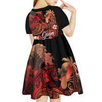 Guam Tribal Chamorro Kid Short Sleeve Dress Polynesian Shark with Plumeria and Sea Vibe - Polynesian Pride