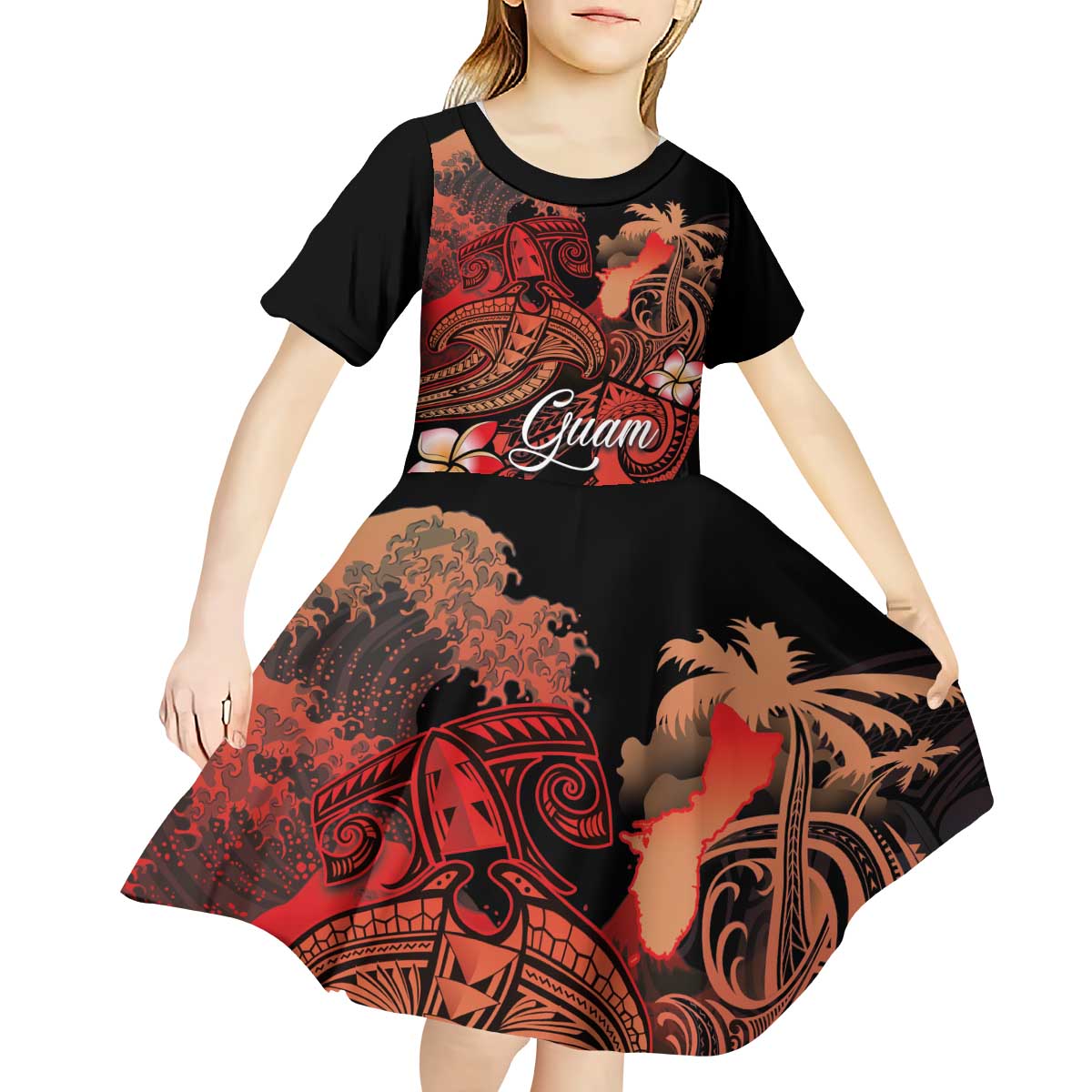 Guam Tribal Chamorro Kid Short Sleeve Dress Polynesian Shark with Plumeria and Sea Vibe - Polynesian Pride
