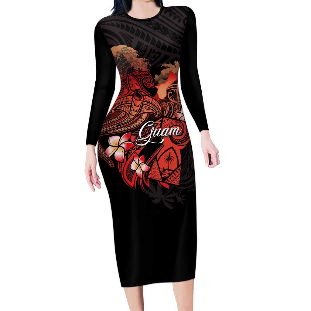 Guam Tribal Chamorro Long Sleeve Bodycon Dress Polynesian Shark with Plumeria and Sea Vibe - Polynesian Pride