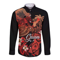 Guam Tribal Chamorro Long Sleeve Button Shirt Polynesian Shark with Plumeria and Sea Vibe - Polynesian Pride