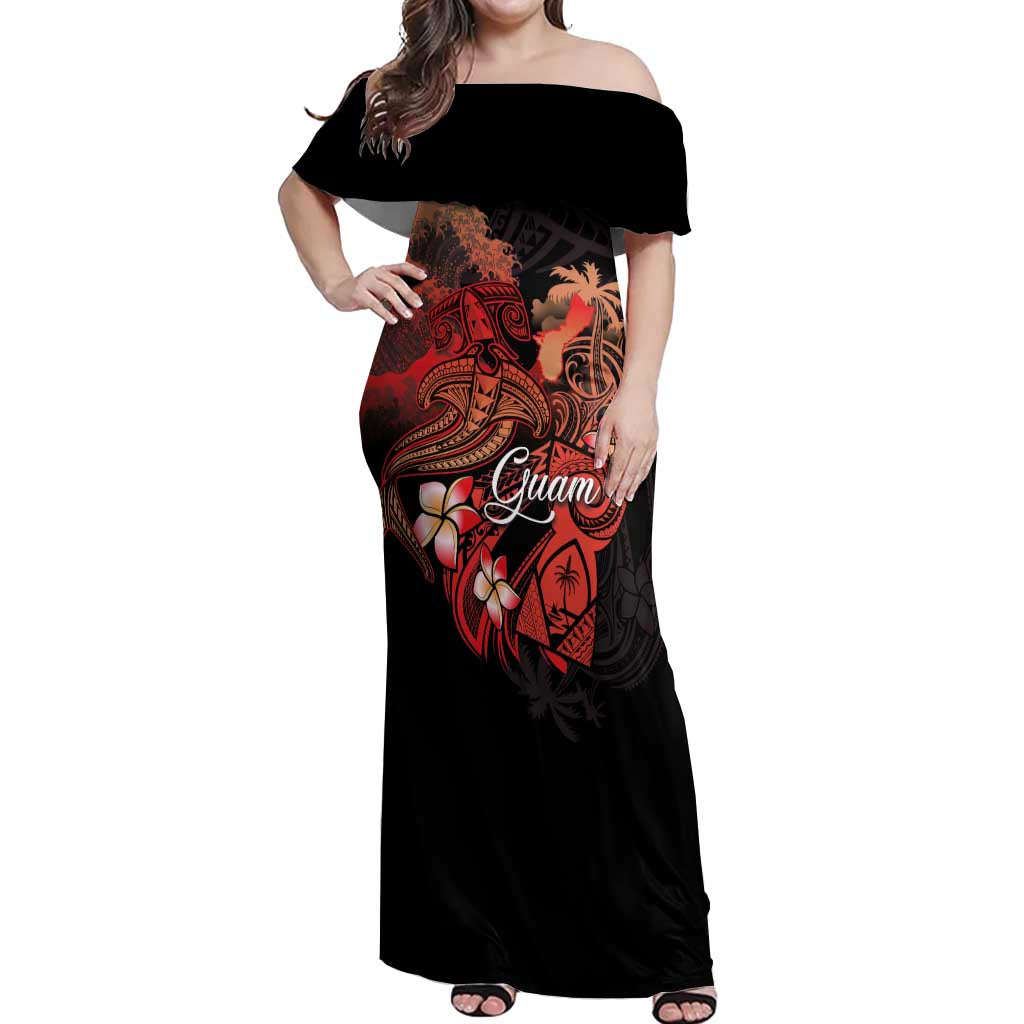 Guam Tribal Chamorro Off Shoulder Maxi Dress Polynesian Shark with Plumeria and Sea Vibe - Polynesian Pride