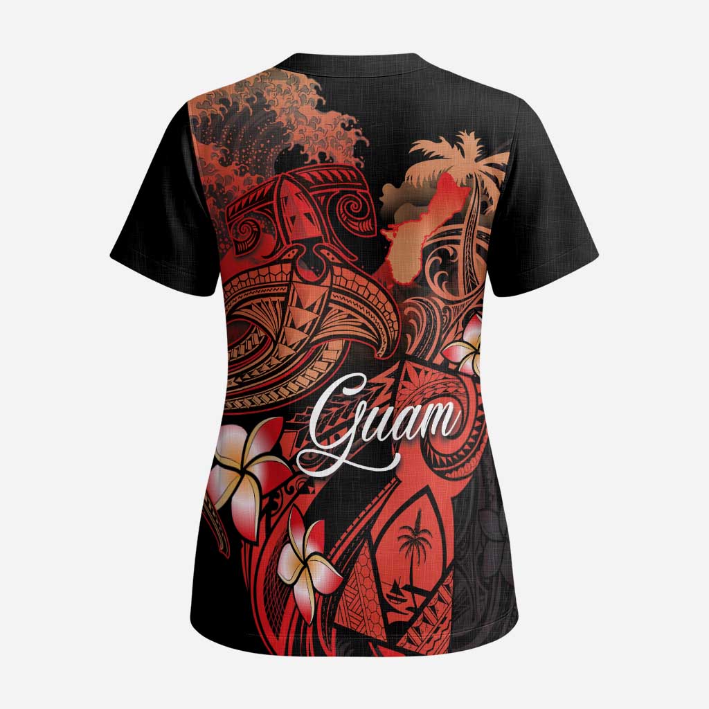 Guam Tribal Chamorro Scrub Top Polynesian Shark with Plumeria and Sea Vibe - Polynesian Pride