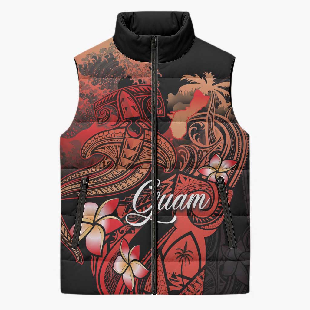 Guam Tribal Chamorro Sleeveless Puffer Jacket Polynesian Shark with Plumeria and Sea Vibe - Polynesian Pride
