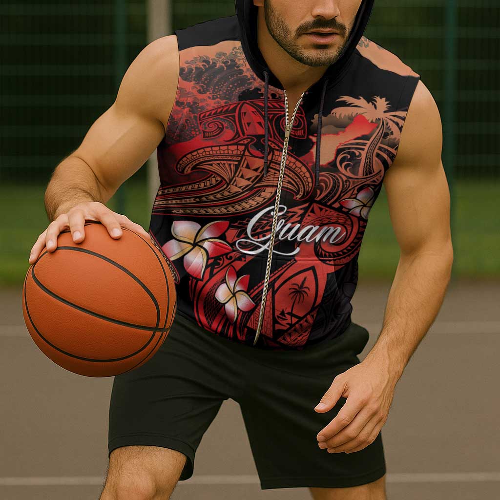 Guam Tribal Chamorro Sleeveless Zip Hoodie Polynesian Shark with Plumeria and Sea Vibe - Polynesian Pride