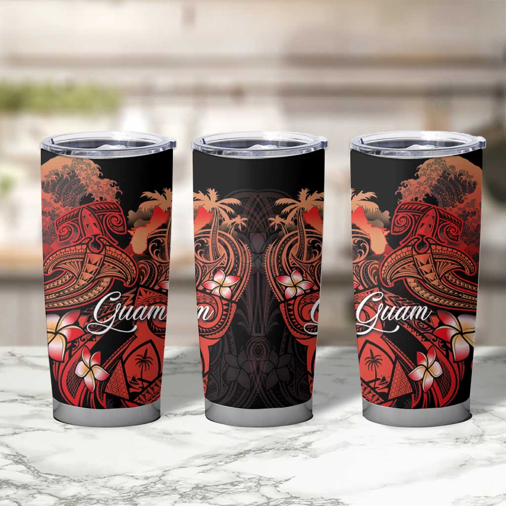 Guam Tribal Chamorro Tumbler Cup Polynesian Shark with Plumeria and Sea Vibe - Polynesian Pride