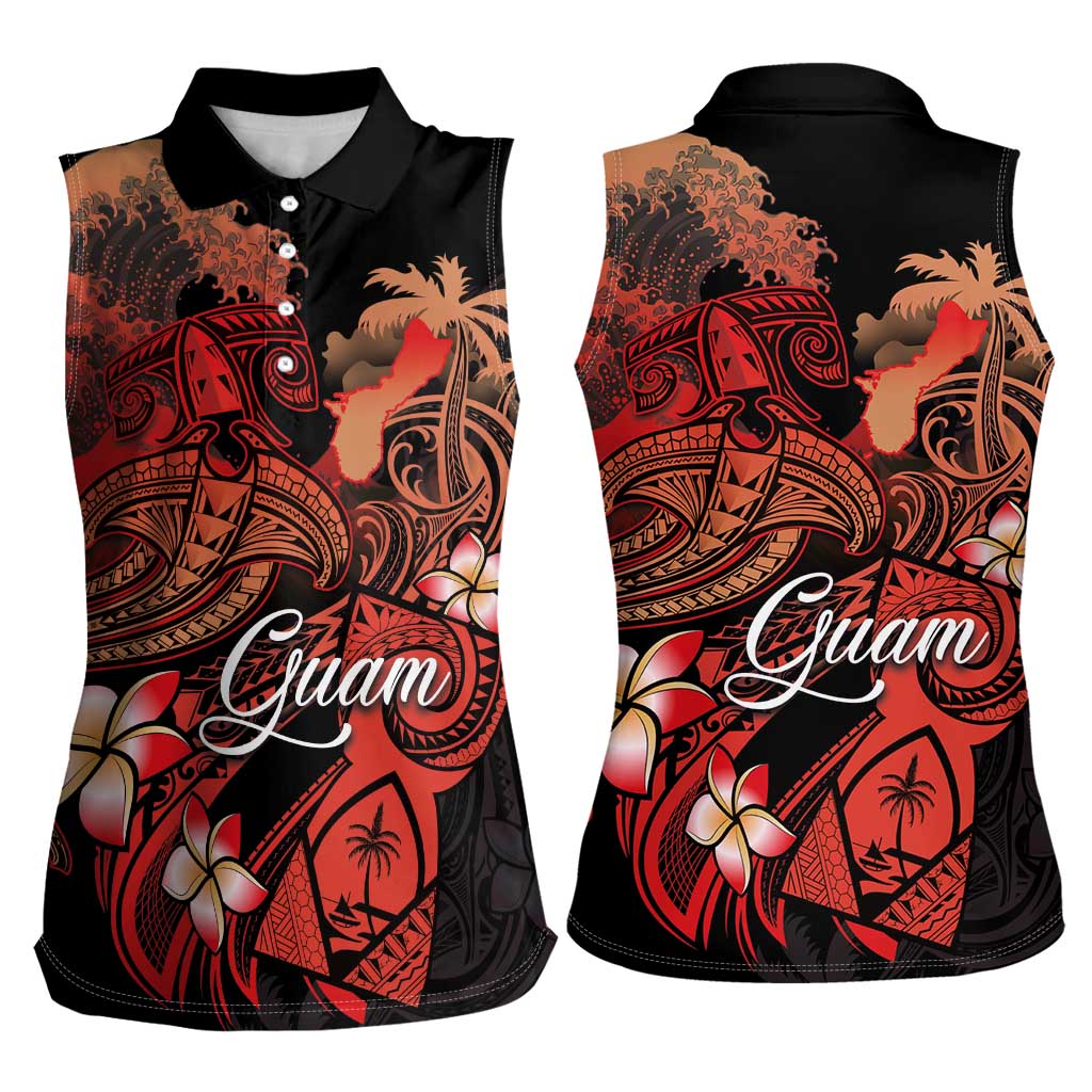 Guam Tribal Chamorro Women Sleeveless Polo Shirt Polynesian Shark with Plumeria and Sea Vibe - Polynesian Pride