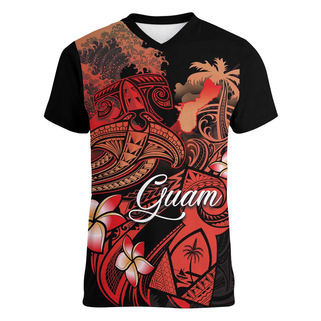 Guam Tribal Chamorro Women V-Neck T-Shirt Polynesian Shark with Plumeria and Sea Vibe - Polynesian Pride