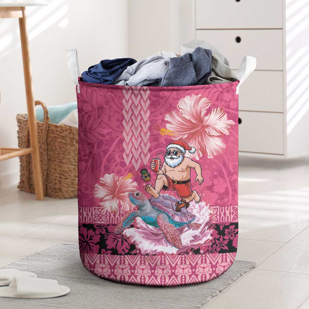 Hawaii Mele Kalikimaka Laundry Basket Funny Santa with Tribal Tattoos Kakau Pink Color - Polynesian Pride