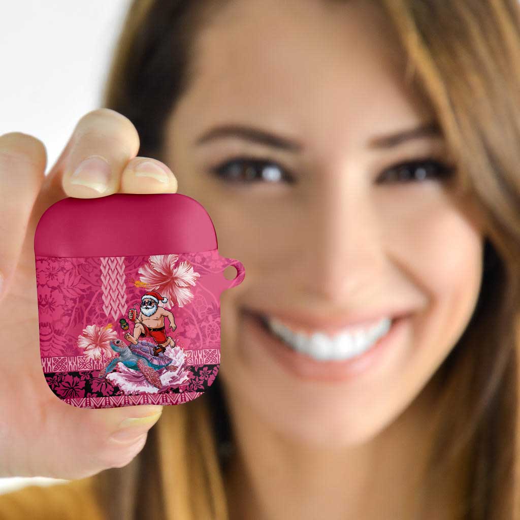 Hawaii Mele Kalikimaka AirPods Case Funny Santa with Tribal Tattoos Kakau Pink Color - Polynesian Pride