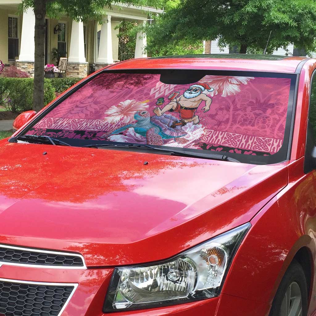 Hawaii Mele Kalikimaka Auto Sun Shade Funny Santa with Tribal Tattoos Kakau Pink Color - Polynesian Pride
