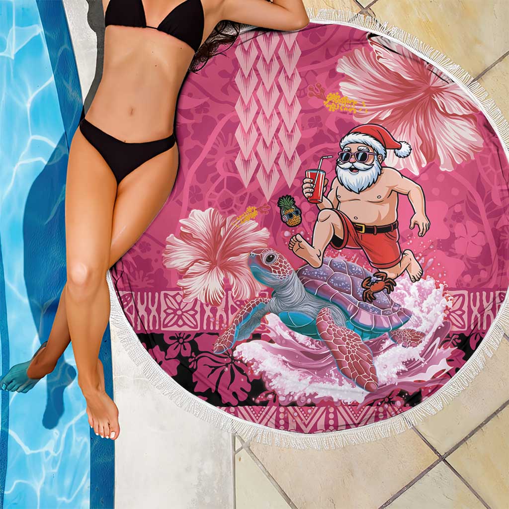 Hawaii Mele Kalikimaka Beach Blanket Funny Santa with Tribal Tattoos Kakau Pink Color - Polynesian Pride