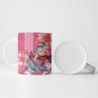 Hawaii Mele Kalikimaka Ceramic Mug Funny Santa with Tribal Tattoos Kakau Pink Color - Polynesian Pride