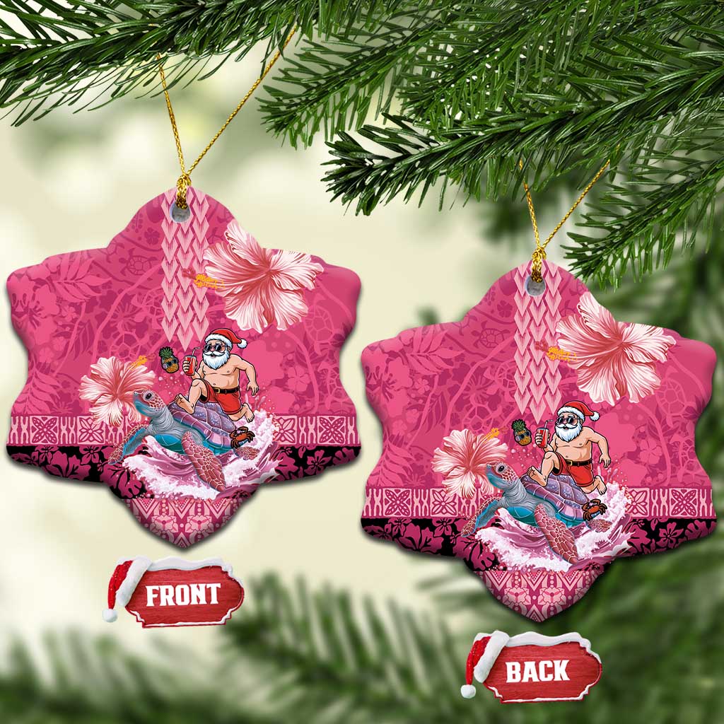 Hawaii Mele Kalikimaka Ceramic Ornament Funny Santa with Tribal Tattoos Kakau Pink Color - Polynesian Pride