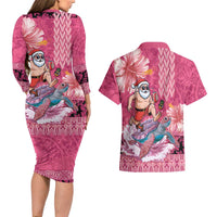 Hawaii Mele Kalikimaka Couples Matching Long Sleeve Bodycon Dress and Hawaiian Shirt Funny Santa with Tribal Tattoos Kakau Pink Color - Polynesian Pride