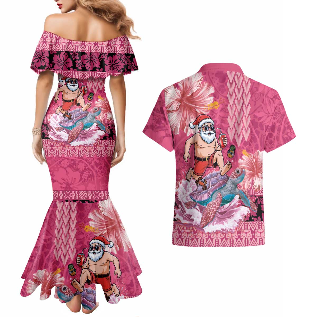 Hawaii Mele Kalikimaka Couples Matching Mermaid Dress and Hawaiian Shirt Funny Santa with Tribal Tattoos Kakau Pink Color - Polynesian Pride