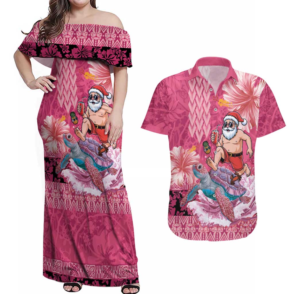 Hawaii Mele Kalikimaka Couples Matching Off Shoulder Maxi Dress and Hawaiian Shirt Funny Santa with Tribal Tattoos Kakau Pink Color - Polynesian Pride