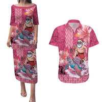 Hawaii Mele Kalikimaka Couples Matching Puletasi and Hawaiian Shirt Funny Santa with Tribal Tattoos Kakau Pink Color - Polynesian Pride