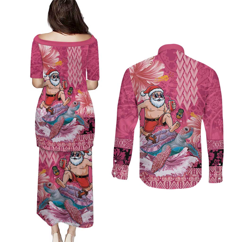 Hawaii Mele Kalikimaka Couples Matching Puletasi and Long Sleeve Button Shirt Funny Santa with Tribal Tattoos Kakau Pink Color - Polynesian Pride