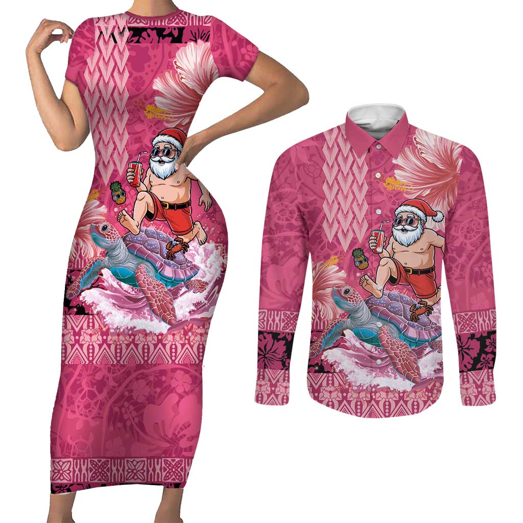 Hawaii Mele Kalikimaka Couples Matching Short Sleeve Bodycon Dress and Long Sleeve Button Shirt Funny Santa with Tribal Tattoos Kakau Pink Color - Polynesian Pride