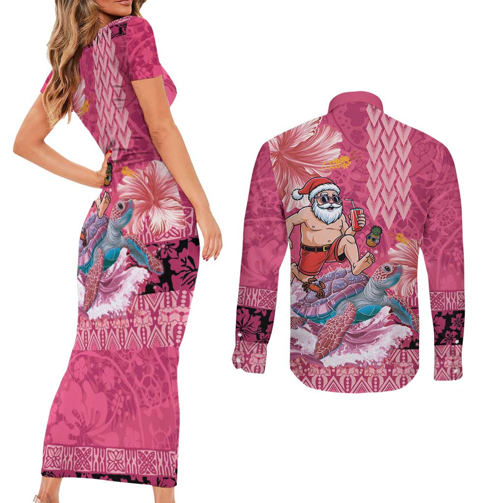 Hawaii Mele Kalikimaka Couples Matching Short Sleeve Bodycon Dress and Long Sleeve Button Shirt Funny Santa with Tribal Tattoos Kakau Pink Color - Polynesian Pride