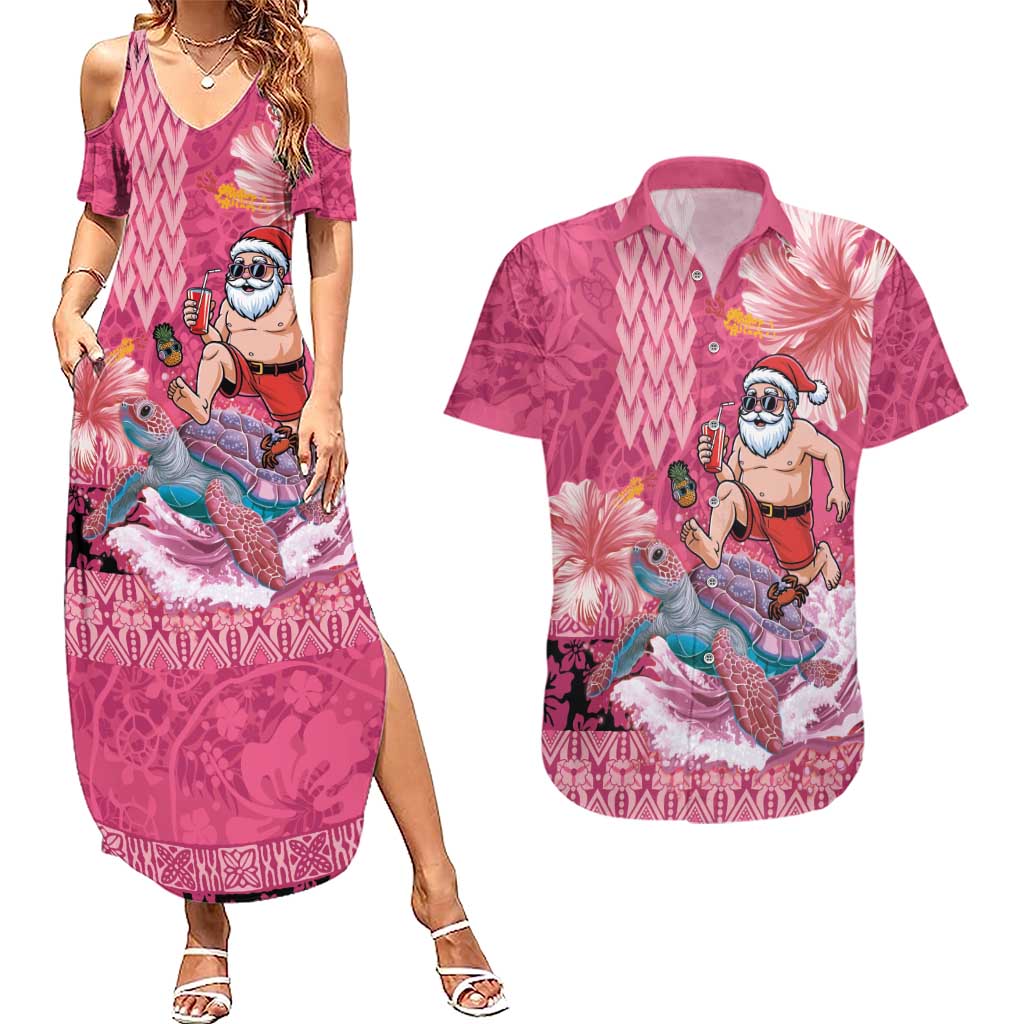 Hawaii Mele Kalikimaka Couples Matching Summer Maxi Dress and Hawaiian Shirt Funny Santa with Tribal Tattoos Kakau Pink Color - Polynesian Pride