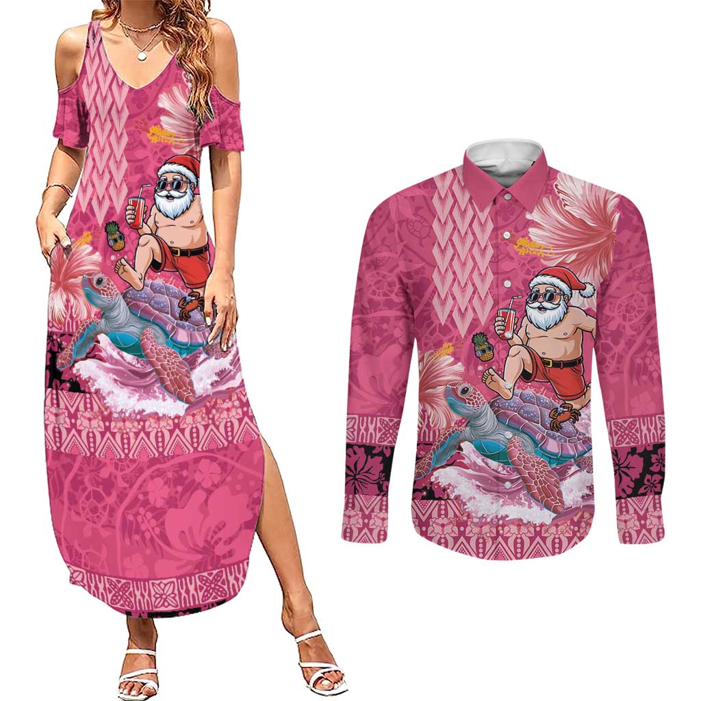 Hawaii Mele Kalikimaka Couples Matching Summer Maxi Dress and Long Sleeve Button Shirt Funny Santa with Tribal Tattoos Kakau Pink Color - Polynesian Pride