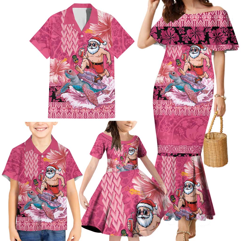 Hawaii Mele Kalikimaka Family Matching Mermaid Dress and Hawaiian Shirt Funny Santa with Tribal Tattoos Kakau Pink Color LT03 - Polynesian Pride