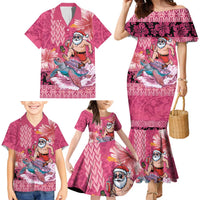 Hawaii Mele Kalikimaka Family Matching Mermaid Dress and Hawaiian Shirt Funny Santa with Tribal Tattoos Kakau Pink Color LT03 - Polynesian Pride