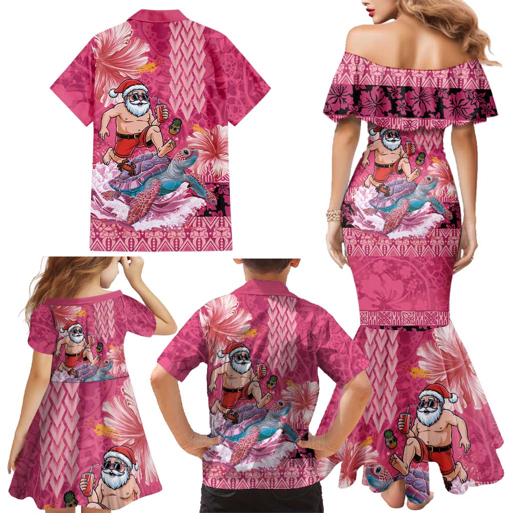 Hawaii Mele Kalikimaka Family Matching Mermaid Dress and Hawaiian Shirt Funny Santa with Tribal Tattoos Kakau Pink Color LT03 - Polynesian Pride
