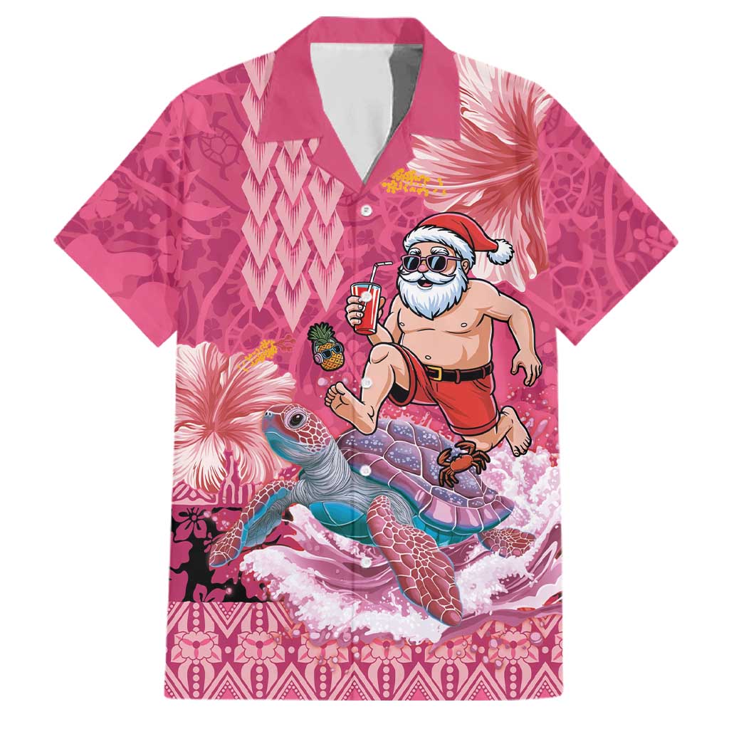 Hawaii Mele Kalikimaka Family Matching Mermaid Dress and Hawaiian Shirt Funny Santa with Tribal Tattoos Kakau Pink Color LT03 Dad's Shirt - Short Sleeve Pink - Polynesian Pride