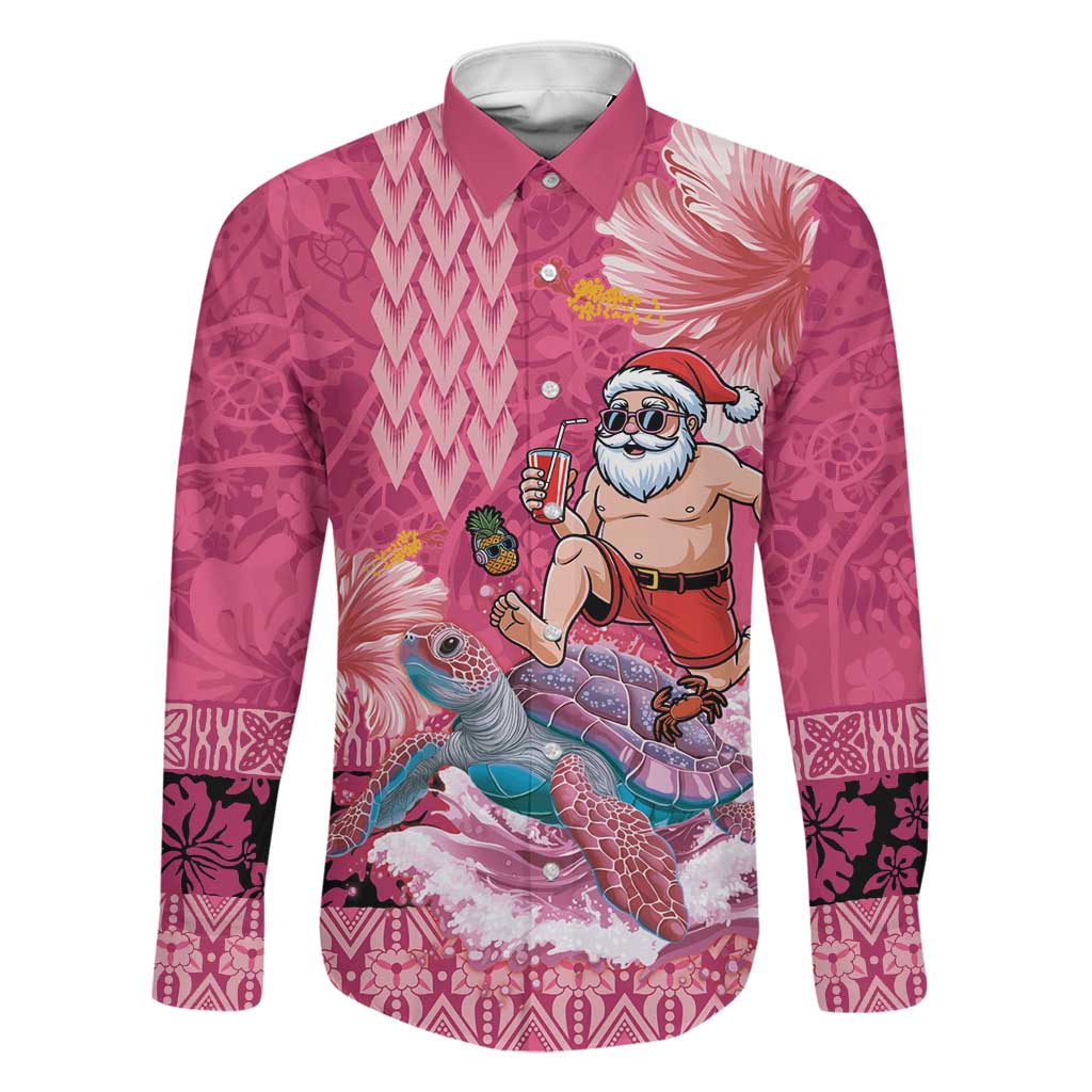 Hawaii Mele Kalikimaka Family Matching Mermaid Dress and Hawaiian Shirt Funny Santa with Tribal Tattoos Kakau Pink Color LT03 Dad's Shirt - Long Sleeve Pink - Polynesian Pride