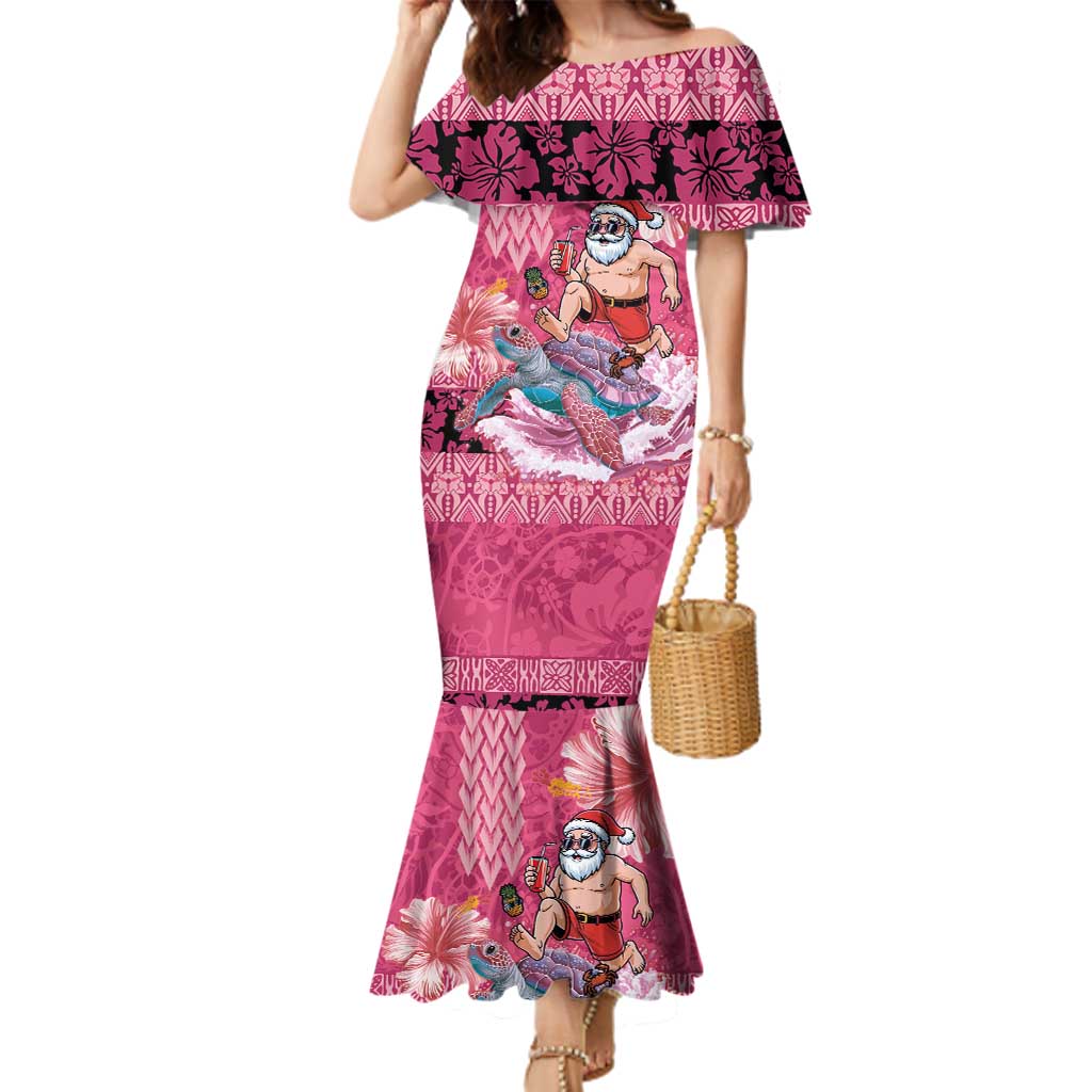 Hawaii Mele Kalikimaka Family Matching Mermaid Dress and Hawaiian Shirt Funny Santa with Tribal Tattoos Kakau Pink Color LT03 Mom's Dress Pink - Polynesian Pride