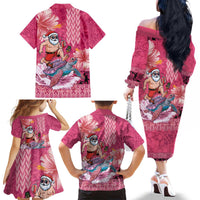 Hawaii Mele Kalikimaka Family Matching Off The Shoulder Long Sleeve Dress and Hawaiian Shirt Funny Santa with Tribal Tattoos Kakau Pink Color - Polynesian Pride