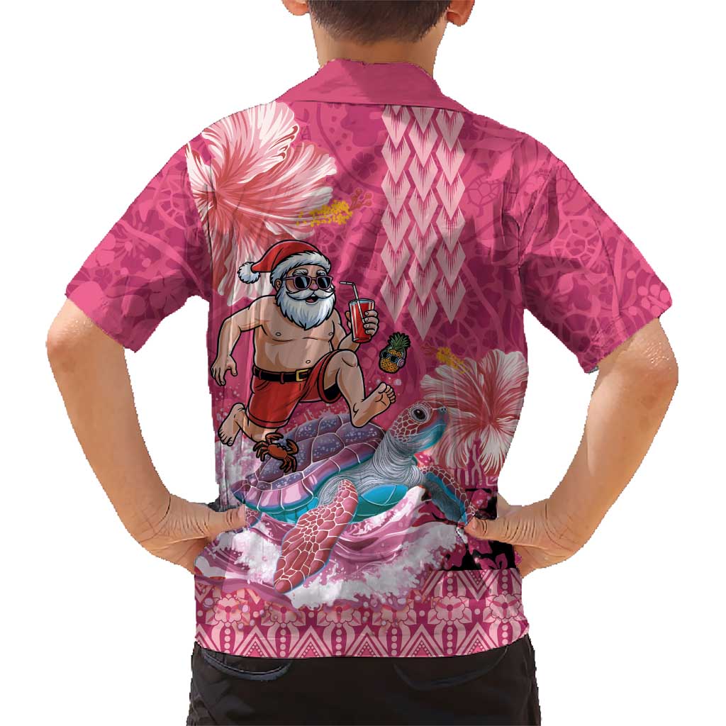 Hawaii Mele Kalikimaka Family Matching Off Shoulder Maxi Dress and Hawaiian Shirt Funny Santa with Tribal Tattoos Kakau Pink Color LT03 - Polynesian Pride