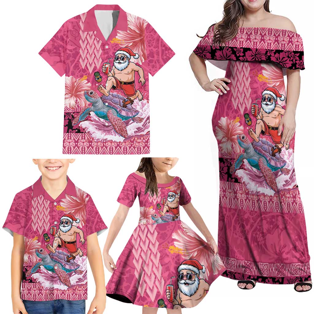 Hawaii Mele Kalikimaka Family Matching Off Shoulder Maxi Dress and Hawaiian Shirt Funny Santa with Tribal Tattoos Kakau Pink Color LT03 - Polynesian Pride